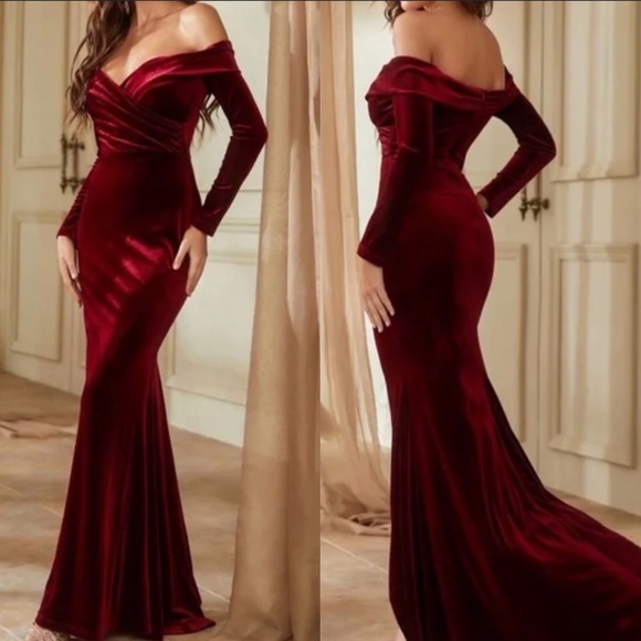 Burgundy Velvet Off-Shoulder Gown